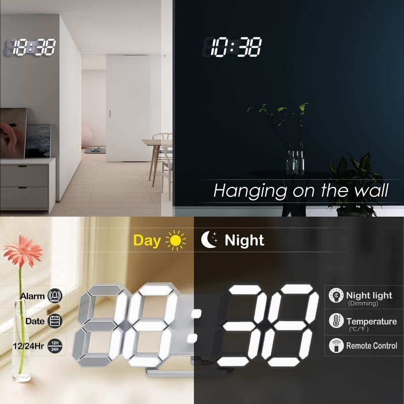 KOSUMOSU 3D LED Digital Wall Clock ,9.7", Large Display Table/