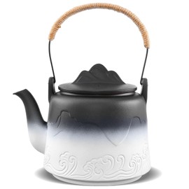 ZENS Vintage Japanese Teapot, 33.8 oz Gradient Embossed Ceramic Loose Leaf Teapot with Built-in Filter for Tea Steeper, Hemp Rope Handle Japanese Teapot for Tea Lovers Gifts, Black & White