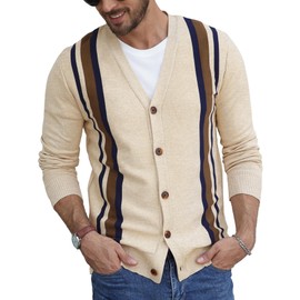 NITAGUT Men's Retro Cardigan Sweater Comfortable V Neck Stripes Button Down Knitted Sweater Stripe Beige Brown 3, Small