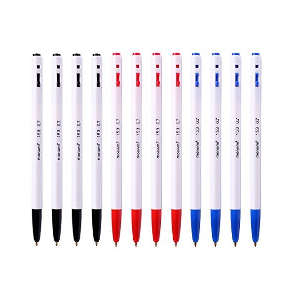 Monami 153 Ballpoint Pen 0.7mm Dozen Box (Black, Blue, Red Ink Assorted Color 12 Pens)