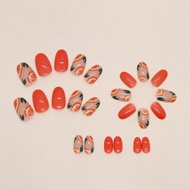 Fall Press on Nails Short Almond SWEKKE Fake Nails Orange Full Cover Orange False Nails with Designs Glossy Acrylic Press on Nails Glue on Nails Artificial Nails for Women Girls 24 Pcs