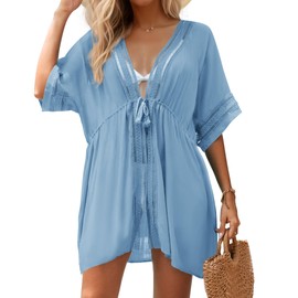 Zeregos Women Swimsuit Cover Up 3/4 Bell Sleeve Boho Bathing Suit Coverups Hollow Out Kimonos Cardigans for Swimwear Lightblue XL