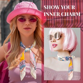 Silk Feeling Head Hair Scarf for Women Like Satin Neck Square Neckerchief for Beach Travel Vocation Accessories Lightweight Pretied Scarves for Purse Hat Handbag 27.5” X 27.5” Cute Girl Pink Chain