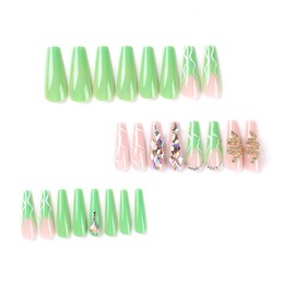 24 Pcs Coffin Shape Press on Nails,Long Length Green Color with Colorful Rhinestone and 3d Snake Pattern French Designs Ballet Fake False Nails, Nail Art for Women and Girl Stick on Nails