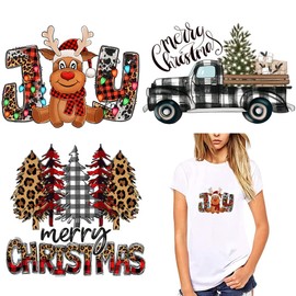Christmas Iron on Decals Christmas Iron on Patches for Clothing, 3 Sheets Christmas Heat Transfer Stickers Iron on Christmas Tree Car Deer Pattern for T-Shirts Pillow Cover Hoody Bag