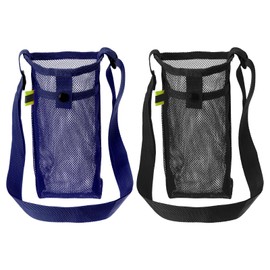 PATIKIL 22mm x 13mm Water Bottle Bag Set of 2 Mesh Portable Bottle Holder Carrier Adjustable Shoulder Strap for Sports Hiking Camping Black Dark Green