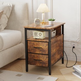 JCMCDO End Table with Charging Station, Narrow Side Table with 2 Fabric Drawer & Storage Shelf, USB Ports & Power Outlets, Narrow Nightstand for Bedroom Living Room and Small Spaces, Rustic Brown