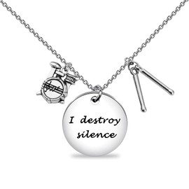 PLITI Drummer Gift, Drummer Gift, Drum Lover, Gift, Drum Set, Gift I Destroy Silence Necklace for Drummer Player, Stainless Steel