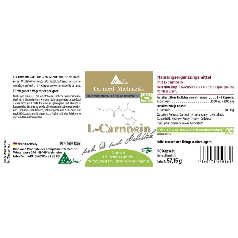 L-Carnosin - je hochdosierte Kapsel 500mg L-Carnosin - nach Dr.