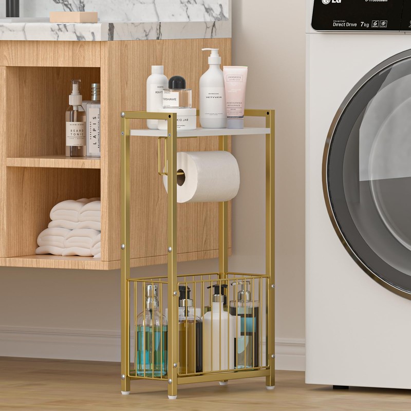 Toilet Paper Holder with Storage Shelf - Freestanding Roll Dispenser