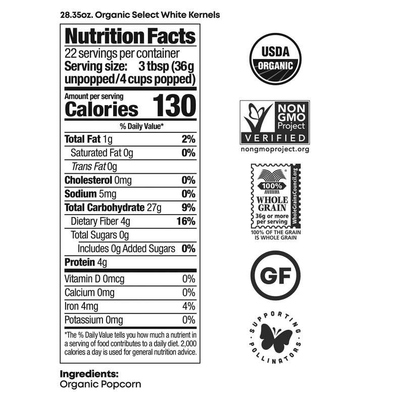 Black Jewell Organic White Popcorn Kernels, Organic Select White, 28.35oz