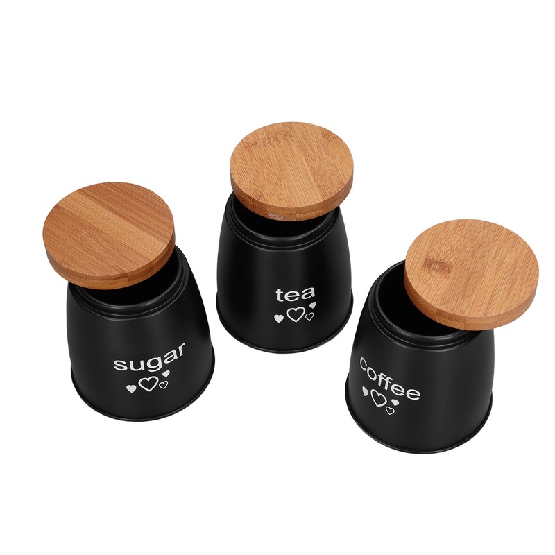 3Pcs Coffee Tea Sugar Container Set Bamboo Lid Durable Iron