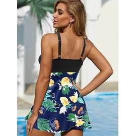 Rayson Women Tankini Sets with Floral Printed Tummy Control Plus Size Swimwear for Women V-Neck Swim Dresses Swimming Costume with Shorts(Navy Leaf,XXL)