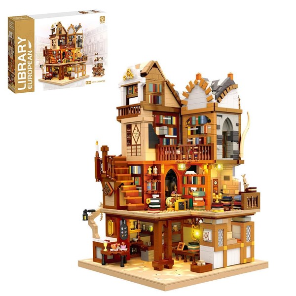 kowkis Medieval European Library Architecture Building Blocks with LED, Bookstore