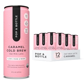 Pop & Bottle, Oat Milk Lattes - Cold Brew with Lions Mane & Reishi, MCT Oil, Single Shot Cold Brew, Mushrooms, Organic, Dairy Free, Gluten Free, Great as Iced Coffee, Lightly Sweetened with Dates - Caramel, 8 Fl Oz (12 Pack)