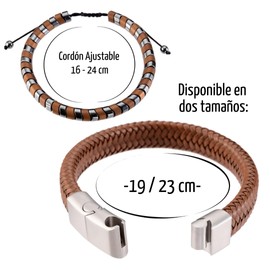 Omky Set Pulseras para Hombre | Pulsera cuero trenzado café cierre magnético acero inoxidable | Pulsera hilo ajustable hematita plateado/café 6 mm (23cm)