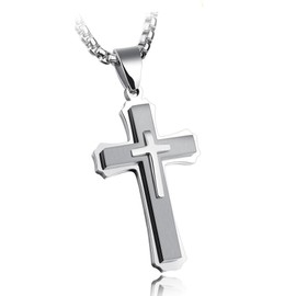 Oskani Men's Cross Necklace Stainless Steel Faith Crucifix Pendant with Chain White Gold Jewelry
