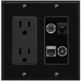 Wall Plate City 3.5mm CAT6 CAT7 TOSLINK Port Wall Plate Black w Power Outlet
