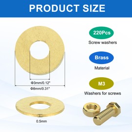 sourcing map 220 Pack Brass Flat Washer, M3 Copper Washers Crush Washer Kit Assortment, 3mm ID, 8mm OD, 0.5mm Thick for Bolts Screws Machinery Repair, Outdoor Construction