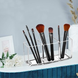 Acrylic Makeup Brush Organizer Holder Clear Cosmetic Brushes Storage with 3 Slots (Transparent, One size)