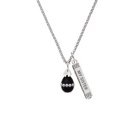 Delight Jewelry Black Easter Egg with Clear Crystal Band Silvertone Always My Sister Bar Charm Necklace, 23"