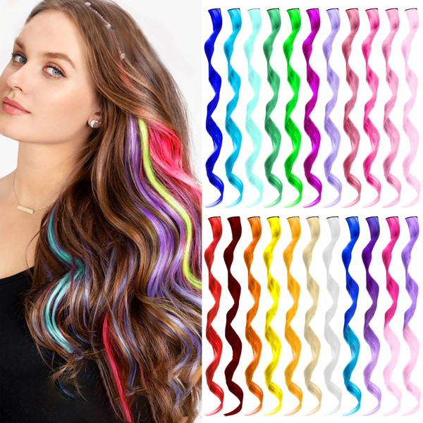 TOFAFA Colored Hair Extensions Curly Wavy Accessories for Girls Women, Multi-colors Party Highlights Clip in Synthetic Rainbow Hairpiece for Kids Favors Gift (22 PCS-Colorful)