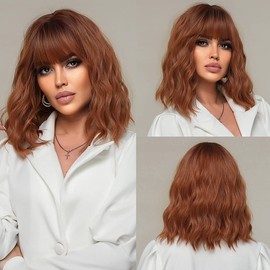 BERON 14 Inches Dark Orange Wig Short Curly Wig with Bangs Ombre Orange Wigs for Women Synthetic Wig with Wig Cap