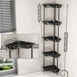 SWTYMIKI Corner Shower Caddy Standing - 5 Tier Floor Standing Shower Organizer with 4 Hooks, Plastic & Stainless Steel Waterproof Corner Stand Shower Shelf Storage Rack for Bathroom, Bathtub, Black