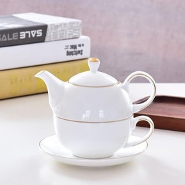 YBK Tech Ceramic Tea for One Set, 12oz Teapot and 8.2oz Cup with Saucer (White)