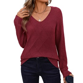 Zeagoo Women Red Sweaters Crochet Long Sleeve Lightweight V Neck Knit Pullover Tops Fall Outfits Fashion 2025