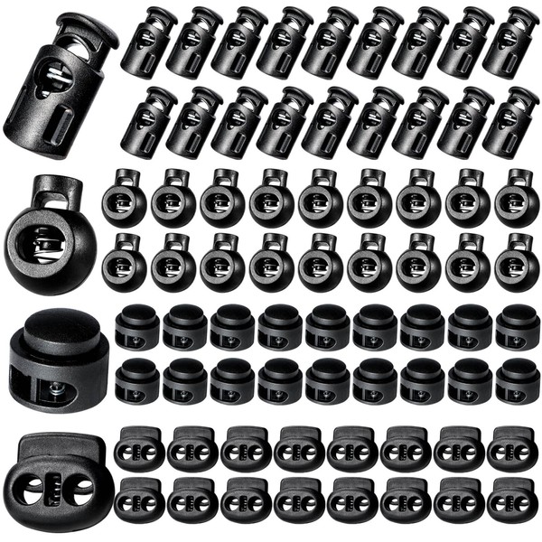 CLESDF 160 Pcs Plastic Cord Locks, Single Double Hole Spring Stop Toggle Stoppers for Drawstrings, Shoelaces, Bags, More, 4 Styles