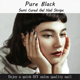 IQXGE Semi Cured Gel Nail Strips, Long Lasting Gel Nail Stickers with UV Light Needed, 20 Waterproof Full Wraps for Women with 1 File, 1 Wood Stick&2 Prep Pad-Pure Black