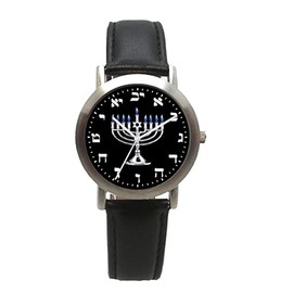 Hebrew Numbers Brushed Chrome Unisex Size Round Watch Has Black Dial with Menorah and Black Stitched Leather Strap