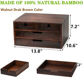 DEAYOU Bamboo Desk Organizer, 100% Natural Bamboo Desktop Drawer Organizer, Dark Brown Tabletop Storage Cabinet Organization Box with 4 Drawer for Makeup, Letter, Home, 3 Layer, Fully Assemble