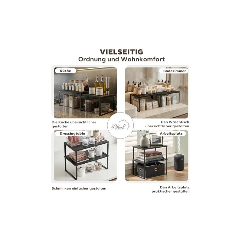 Spice Rack Set of 2 Bamboo and Metal Kitchen Organiser