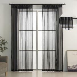 Ftinala Black Sheer Curtains 90 Inch 2 Panels Custom Long, Thin Textured Pinch Pleated Curtain, See Through Drapes for Living Room, Gothic Window Treatments Decor with Rings & Hooks & Back Tab