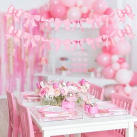 LOONELO Pink Bow Hanging Garlands, 4 Set Paper Cutouts Bowtie Banners, Bow Knot Party Hanging Swirls Streamers Decorations for Girls Coquette Birthday, Wedding, Bridal Shower, Engagement Supplies