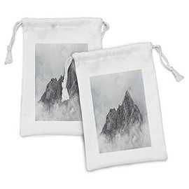 Ambesonne Mountain Fabric Pouch Set of 2, Landscape of Jade Dragon Mountain Atmosphere on Summit Natural Beauty Image, Small Drawstring Bag for Toiletries Masks and Favors, 9" x 6", White Grey