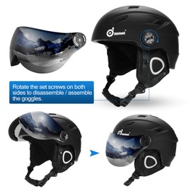 Odoland Ski Helmet with Ski Goggles, Light Weight Snowboard Helmet and 2-in-1 Visor Detachable Goggles Set, Snow Sport Helmets for Men Women, Black, M