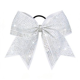 8" Large Glitter Cheer Bows,Rhinestones Cheer Hair Bow, Cheerleading Bow with Ponytail Holders,Colorful Shimmer Shiny Hair Tie,Elastic Hair Band for Cheerleaders College Sports (White)