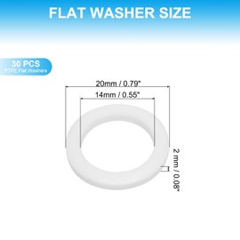 PATIKIL 30 Pcs PTFE Flat Washers 0.55 ID x 0.79" OD x 0.08" Thickness Sealing Spacer Flange Gasket for Machines Pipe Valves Oil Gas Industries, White (14x20x2mm)