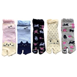 [Mode Select] P07 Women's Tabi Socks, Cute, Cat Pattern, Cotton Blend, Loose Mouth, Mesh Instep, Cat Pattern, Cotton Blend, 9.1 - 9.8 inches (23 - 25 cm), 5 Pairs Set of 5 Patterns