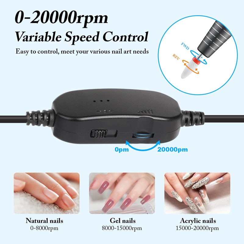 Electric Nail Drill for Acrylic and Gel Nails, 20000 RPM