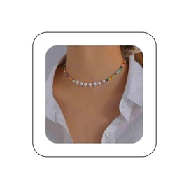 Cimenexe Bohemian Pearl Choker Necklace Gold Baroque Pearl Collar Necklace Rainbow Rice Bead Chain Necklace Minimalist Pearl Necklace Jewelry for Women