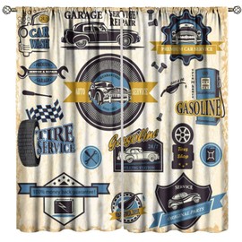 GoDazzling Vintage Car Blackout Window Curtains, Retro Garage Badge Repair Tools Pattern Print Window Drapes, for Living Room Bedroom 42x45in 2 Panels