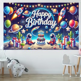 BlissYard Space Happy Birthday Photography Background Astronaut Rocket Backdrop Banner 71 x 43 Inch for Kids Boys Birthday Celebrations Party Decorations Galaxy Planet Party Photo Booth Banner