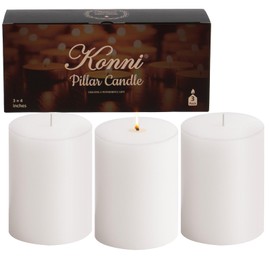 KONNI White Pillar Candles Set of 3, 3"x 4" Unscented Pillar Candles Bulk, 39 Hours Long Burning Candles, Smokeless&Dripless Large Round Candle for Wedding, Home Decoration, Parties, Spas, Dinner