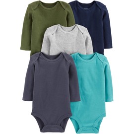 Simple Joys by Carter's Baby Boys' Long-Sleeve Bodysuit, Pack of 5, Olive/Navy/Teal Blue, Preemie