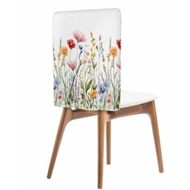 Chair Back Covers Set of 4, Spring Wildflower Linen Kitchen Slipcovers Protective Covers for Dining Chairs for Wedding Party, Summer Pink Blue Floral Green Leaf