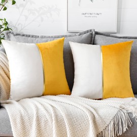 Artscope Yellow White Velvet Cushion Covers with Gold Leather Patchwork Luxury Modern Minimalist Square Pillowcase Throw Pillow Covers for Living Room Bed Couch Sofa 45x45cm Set of 2